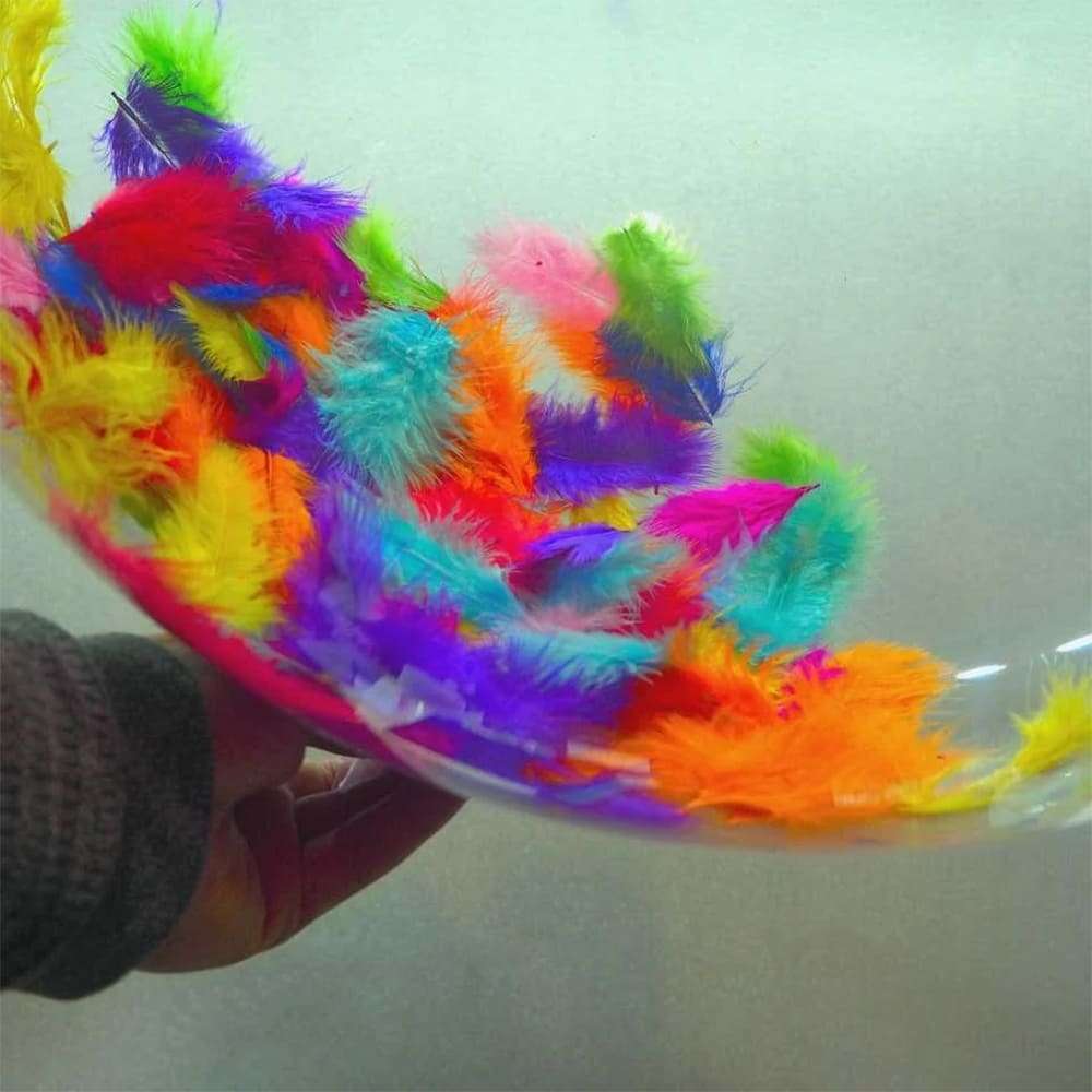 Прозрачный шарик с разноцветными перьями внутри картинка 2