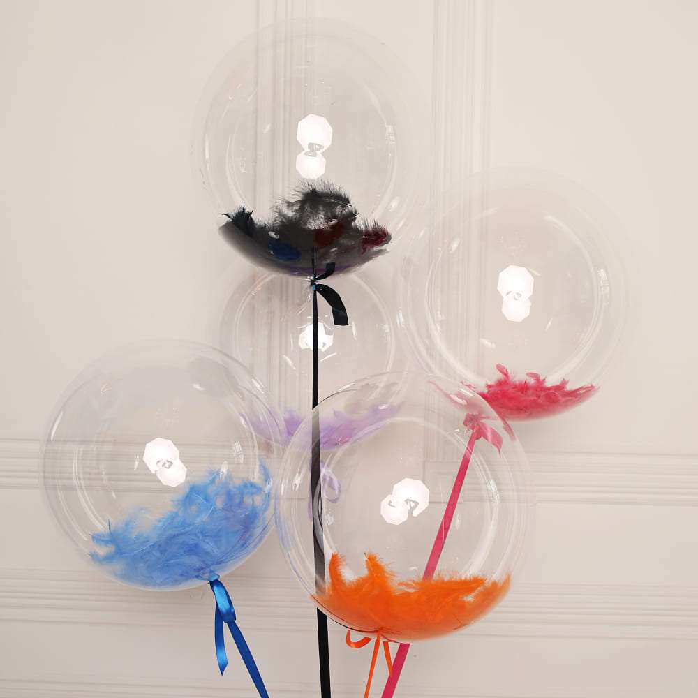 Прозрачный шарик с перьями разного цвета картинка 3