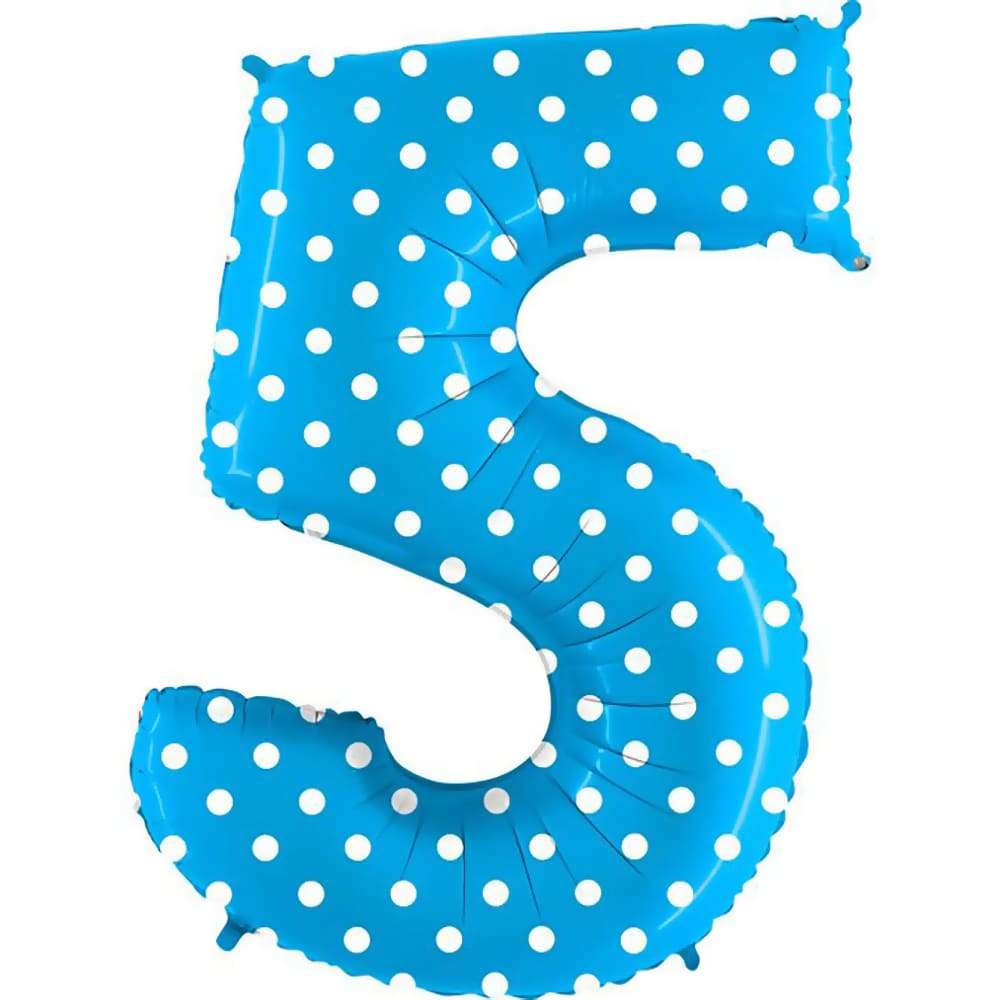 Цифра 5 пять голубая в белый горошек шарик из фольги картинка