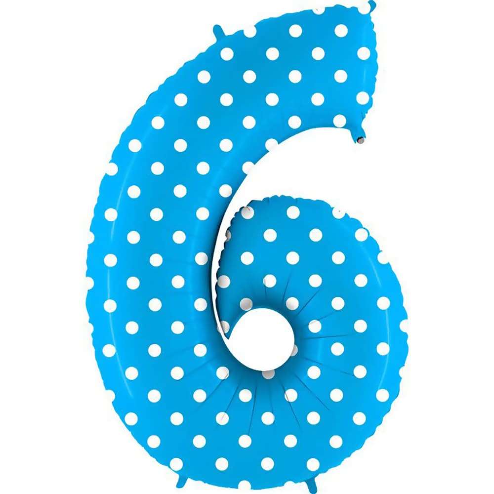 Цифра 6 шесть голубая в белый горошек шар из фольги картинка