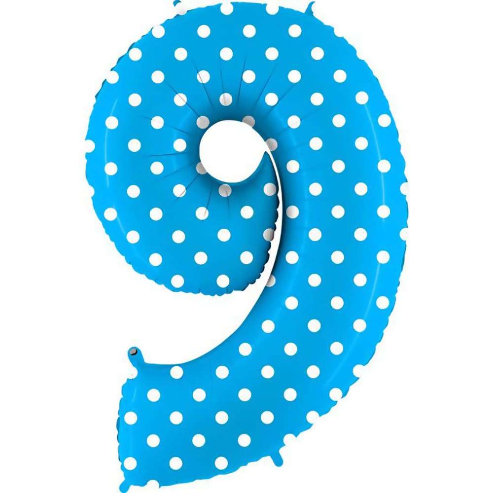 Цифра 9 девять голубая в белый горошек шарик из фольги картинка