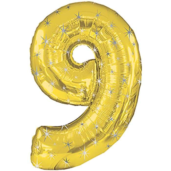 Цифра 9 девять золотая с искрами шарик из фольги картинка